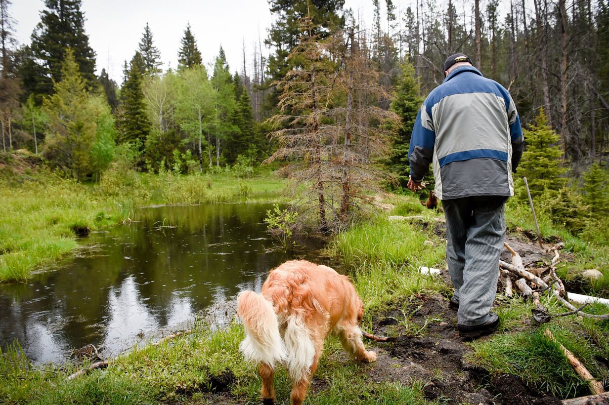 Joe Robertson walks with his golden retriever